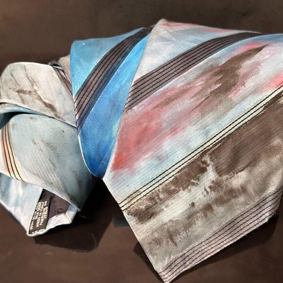 Giorgio Armani Silk Tie Mens Necktie Hand painted Abstract Art Striped Blue Red - Picture 1 of 6